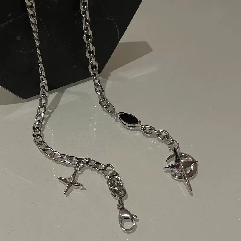 New Y2K Cuban Figaro Chain Star Moon Pendant Necklace Men Punk Black Zircon Chain Choker Necklace for Men Jewelry Gifts