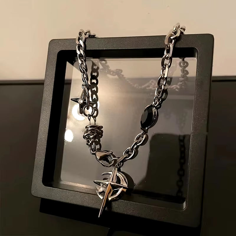 New Y2K Cuban Figaro Chain Star Moon Pendant Necklace Men Punk Black Zircon Chain Choker Necklace for Men Jewelry Gifts