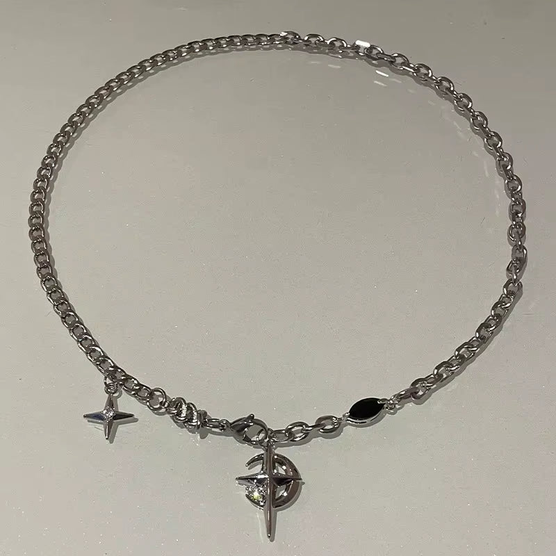 New Y2K Cuban Figaro Chain Star Moon Pendant Necklace Men Punk Black Zircon Chain Choker Necklace for Men Jewelry Gifts