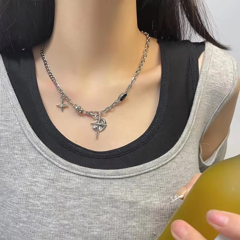 New Y2K Cuban Figaro Chain Star Moon Pendant Necklace Men Punk Black Zircon Chain Choker Necklace for Men Jewelry Gifts