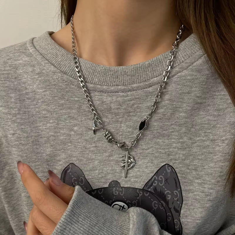 New Y2K Cuban Figaro Chain Star Moon Pendant Necklace Men Punk Black Zircon Chain Choker Necklace for Men Jewelry Gifts