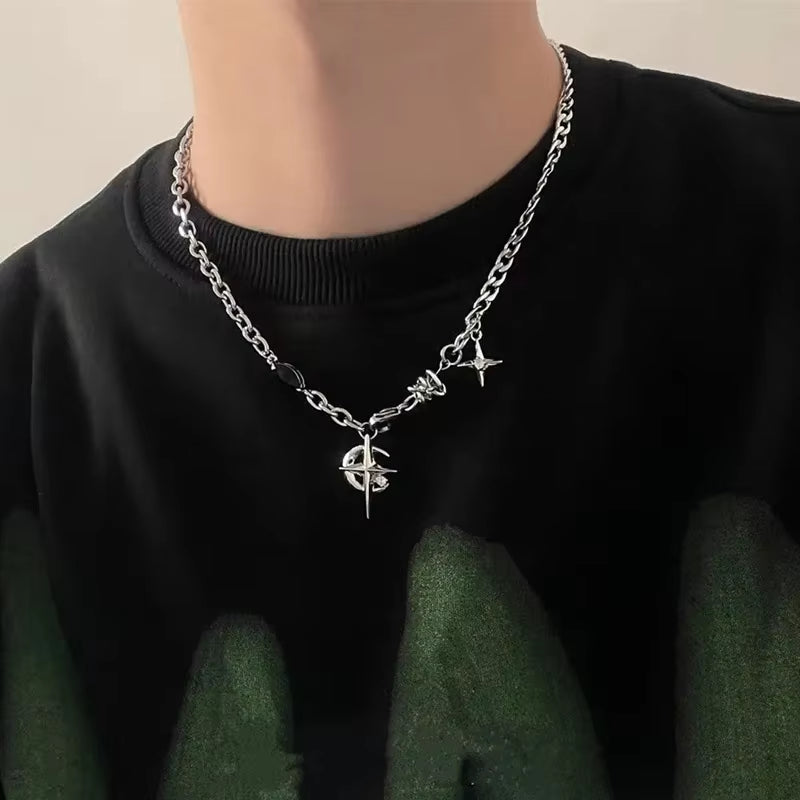 New Y2K Cuban Figaro Chain Star Moon Pendant Necklace Men Punk Black Zircon Chain Choker Necklace for Men Jewelry Gifts