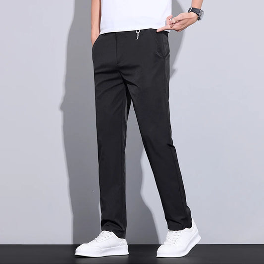 Spring Summer Thin Men'S Slim Casual Pants Solid Color Elastic Waist Soft Breathable Business Straight Trousers Black Beige Gray