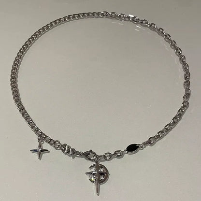 New Y2K Cuban Figaro Chain Star Moon Pendant Necklace Men Punk Black Zircon Chain Choker Necklace for Men Jewelry Gifts