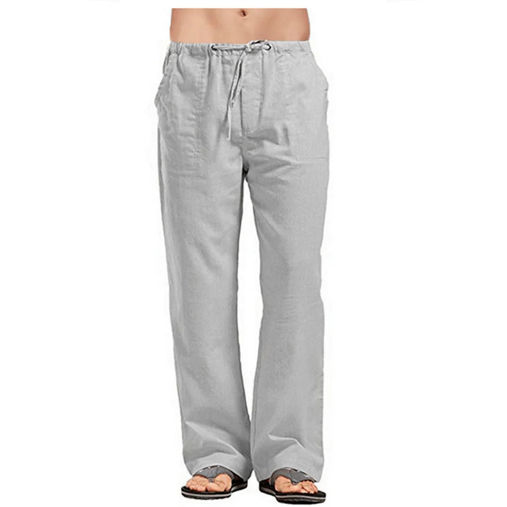 Men'S Cotton Linen Pants Summer Solid Color Breathable Linen Trousers Male Casual Elastic Waist Fitness Pants