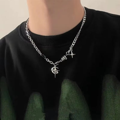 New Y2K Cuban Figaro Chain Star Moon Pendant Necklace Men Punk Black Zircon Chain Choker Necklace for Men Jewelry Gifts